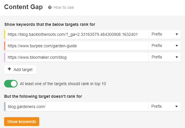 Screenshot of content gap tool from Ahrefs